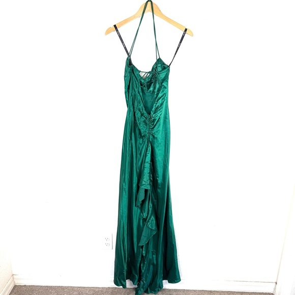 Vintage Zum Zum by Niki Livas Emerald Green Satin Halter Evening Gown Prom Dress - Picture 9 of 16